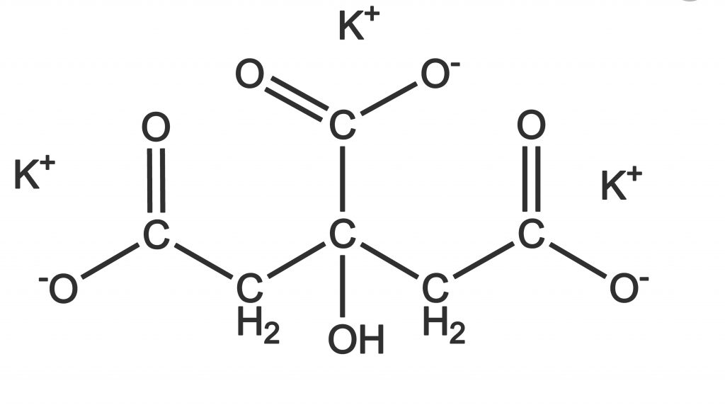 Struktura chemiczna cytrynianu potasu w formie jonowej