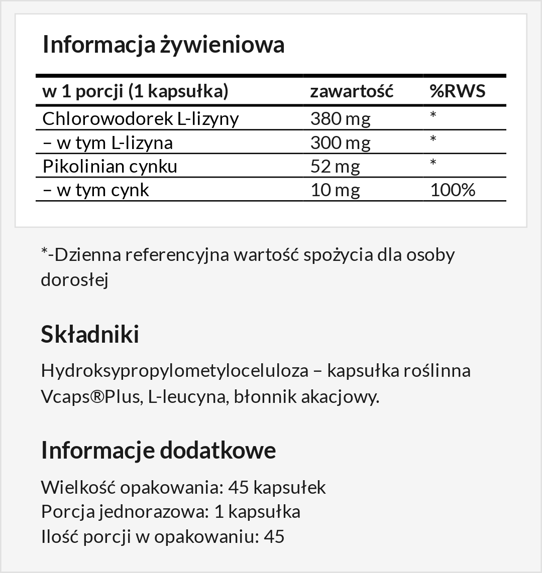 Labs212 LLysine Zinc Picolinate 45 kaps. MuscleZone
